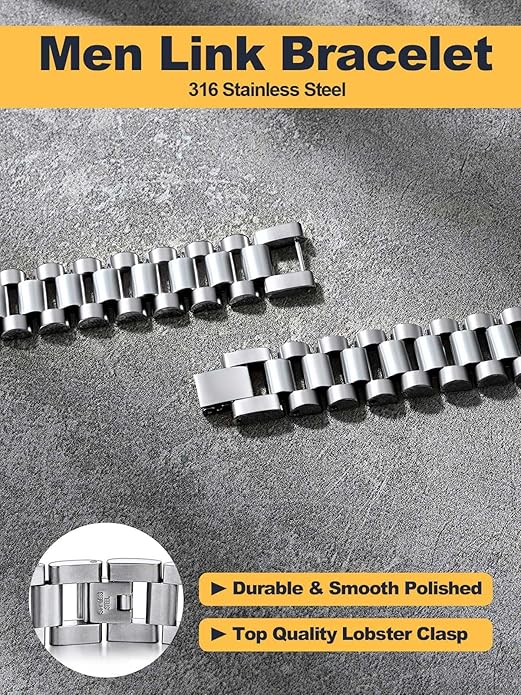 U7 Link Bracelets for Men, Cuban Link/Rope/Watch Band Solid Bracelet, Silver Black Gold Color Wrist Bracelet 3/6/9/12/15mm Width, 6.5/7.5/8.3 Inch Length, Hand Chain Jewelry for Mens Women