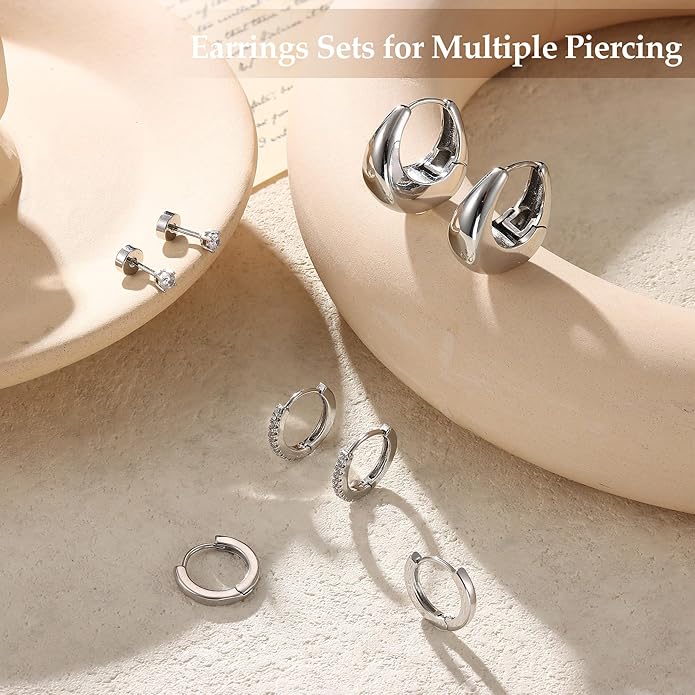 BESTEEL Small Hoop Earrings for Women - Hypoallergenic 14K Gold Plated Surgical Steel Chunky Huggie Earings Stacks Set Dainty Cute Cartilage Flat Back Stud Jewelry Trendy Gift 4 Pairs