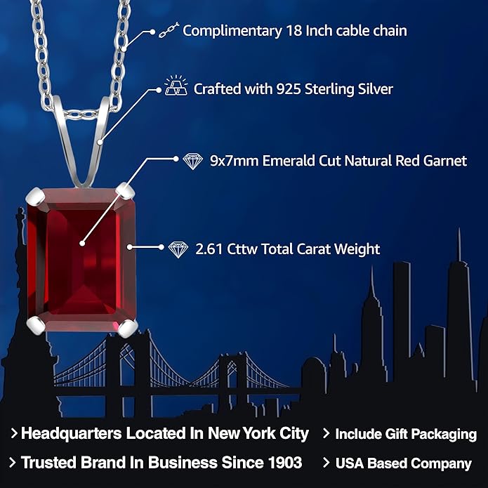 Gem Stone King Emerald Cut Pendant Necklace For Women | 925 Sterling Silver | Emerald Cut 9X7MM | Gemstone Birthstone | Fine Jewelry for Her Mom Wife | With 18 Inch Silver Chain