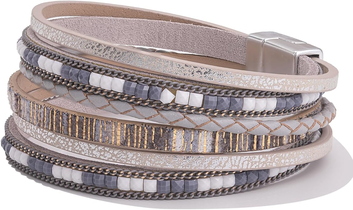 FANCY SHINY Boho Leather Wrap Bracelets Trendy Layered Bracelets with Magnetic Clasp Strackable Bohemian Jewelry Gifts for Women