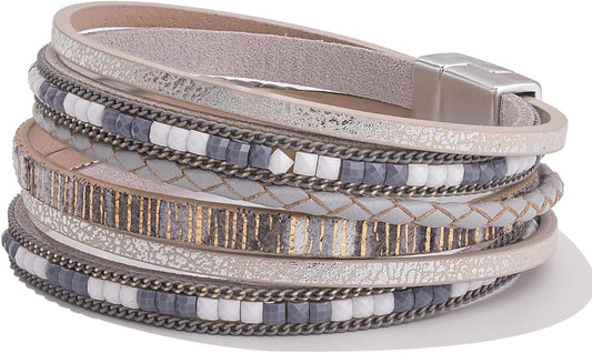 FANCY SHINY Boho Leather Wrap Bracelets Trendy Layered Bracelets with Magnetic Clasp Strackable Bohemian Jewelry Gifts for Women