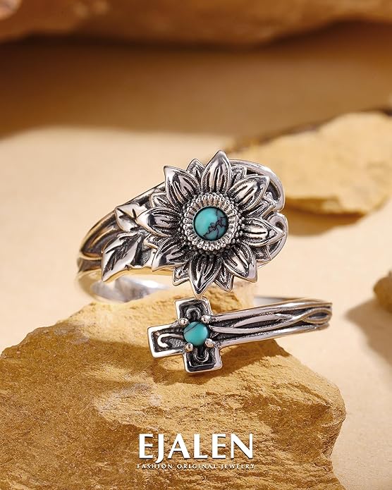 S925-Sterling-Silver Abalone Dragonfly-Turquoise Spoon Ring - Vintage Boho Sunflower Thumb Oxidized Wrap Rings Victorian Style Antique Floral Jewelry Gifts for Women