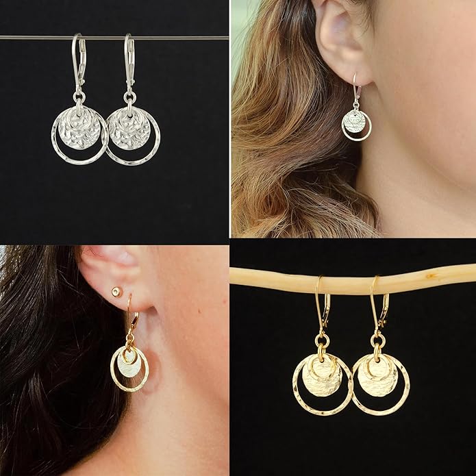 Sterling Silver Disc Leverback Earrings for Women Gold and Silver Circle Drop Dangle Earrings Jewelry Hypoallergenic Hammered Leverback Dangle Earrings for Gifts