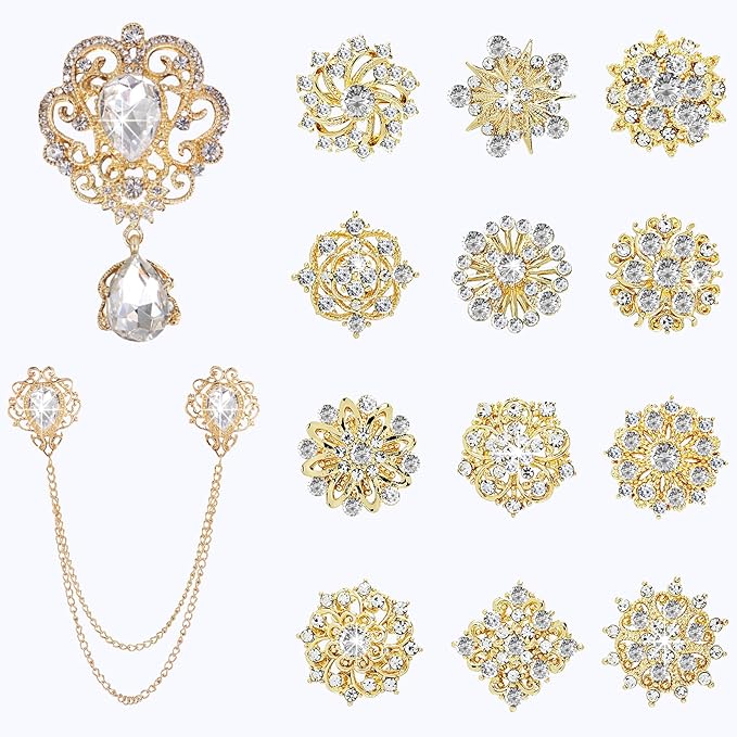 Yhsheen Gold Rhinestone Brooches Pin Kits Crystal Pearl Brooches for Bouquets for Wedding Decoration Accessories Jewelry Making Crafts(Gold-14PCS)-B