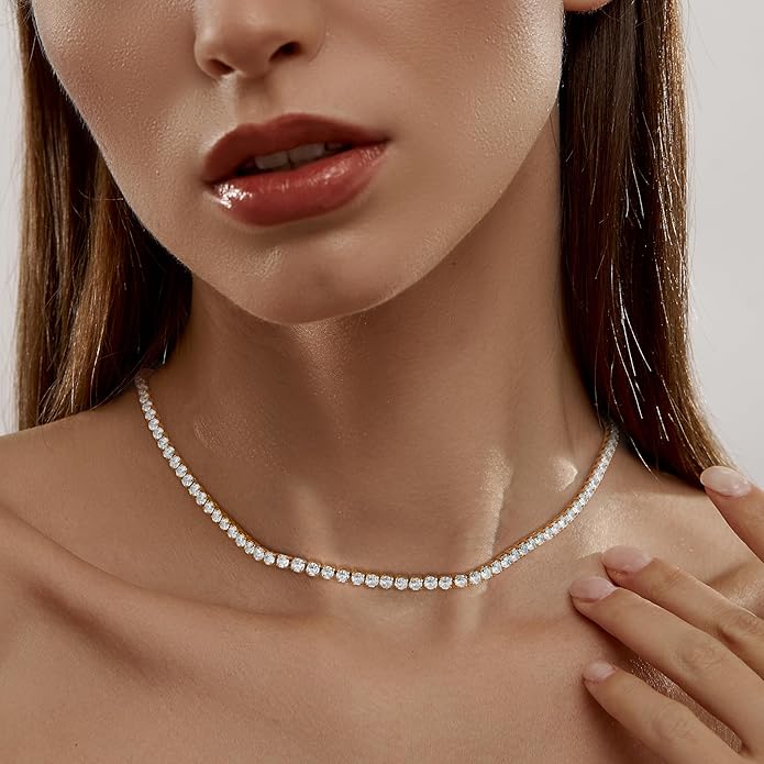 Tennis Necklace for Women, 14K Gold/Silver Plated Rhinestone Choker Necklaces for Women, Dainty Cubic Zirconia Cut Faux Diamond Chain