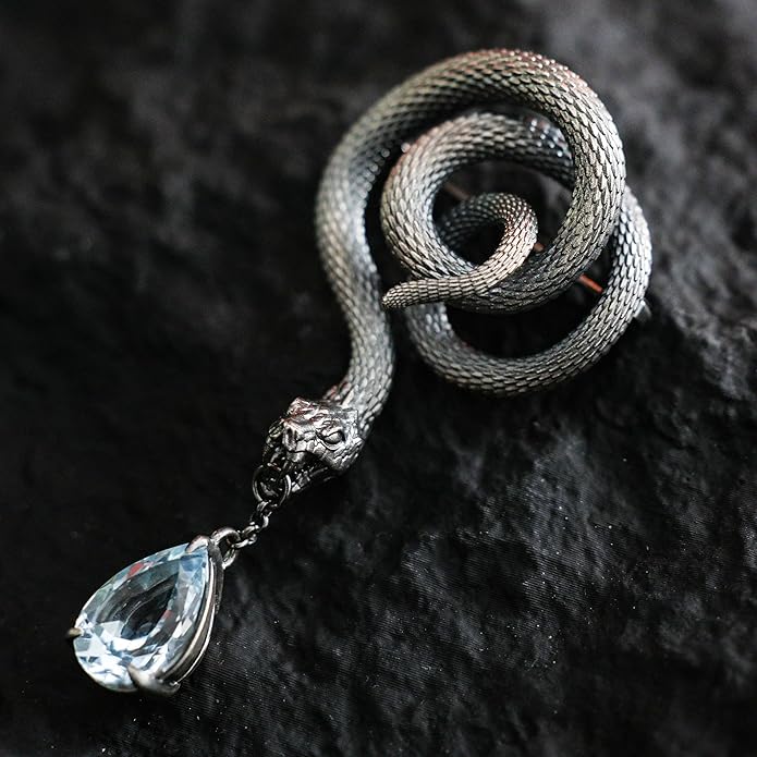 Snake Brooch with Aquamarine Crystal | Gothic Fashion Jewelry Pin | Vintage Style Statement Accessory for Women & Men