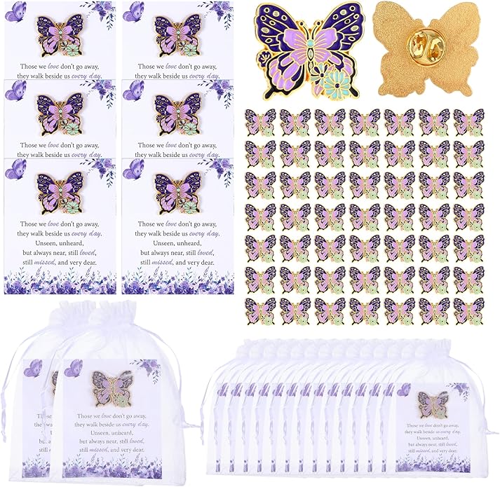 MveLwodx Funeral Favors for Guest Celebration of Life Favors Butterfly Pins Brooches Organza Bags Thank You Cards for Memorial Party Supplies Guest Family Friends Return Favors Funeral Gifts