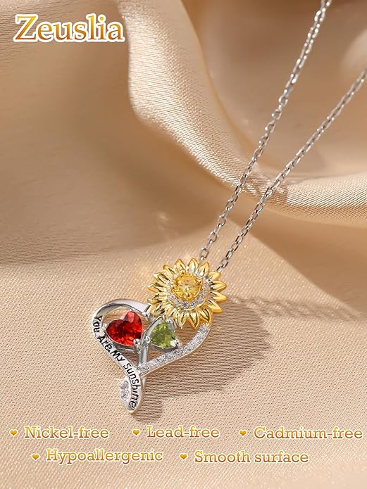 Zeuslia Double Birthstone Necklace Gifts for Wife - 925 Sterling Silver Sunflower/Rose/Crown Cross/Compass/Heart Pendant I Love You Necklace, Anniversary Birthday Gifts for Wife Girlfriend Mom Her
