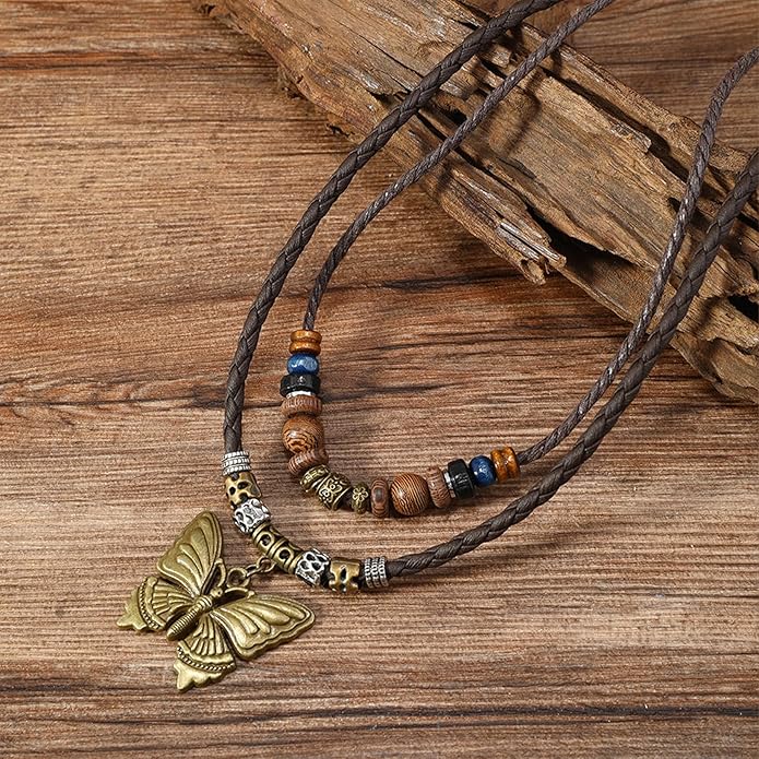 HETICA Boho Necklace for Women, Vintage Butterfly Necklace Adjustable Wooden Beads Layered Braided Necklace Fashion Tribal Style Leather Rope Necklace Jewelry