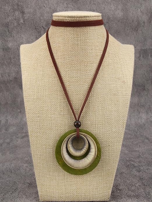 Long Boho Necklaces for Women Vintage Leather Wooden Pendant Y Choker Ethnic Style Gold Circle Hippie Sweater Necklace