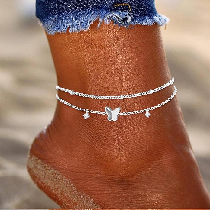 Sterling Silver Anklet Bracelets for Women Waterproof, 925 Sliver Plated CZ & Heart Charm Dainty Layer Anklets for Women Trendy, Simple Chain Anklets Set Gifts for Women, Jewelry Gifts for Her Women Mom Wife Girlfriend
