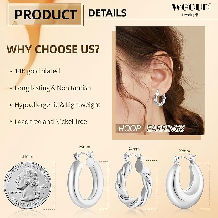 WGOUD 3Pairs 14K Gold Plated Chunky Hoop Earrings Set for Women, Trendy Hoop Earring 925 Sterling Silver Post - Hypoallergenic Thick Lightweight Twisted Hoops Dainty Gold Earrings for Women Jewelry Gifts