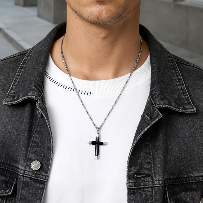 GTMJ Cross Necklace for Men -Stainless Steel & Gemstone Adjustable Box Chain 24-26in, Spiritual Jewelry Gift for Him, Everyday Wear