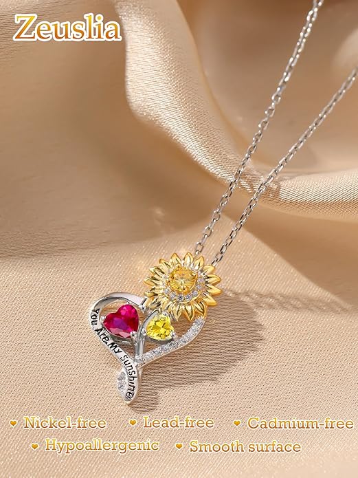 Zeuslia Double Birthstone Necklace Gifts for Wife - 925 Sterling Silver Sunflower/Rose/Crown Cross/Compass/Heart Pendant I Love You Necklace, Anniversary Birthday Gifts for Wife Girlfriend Mom Her