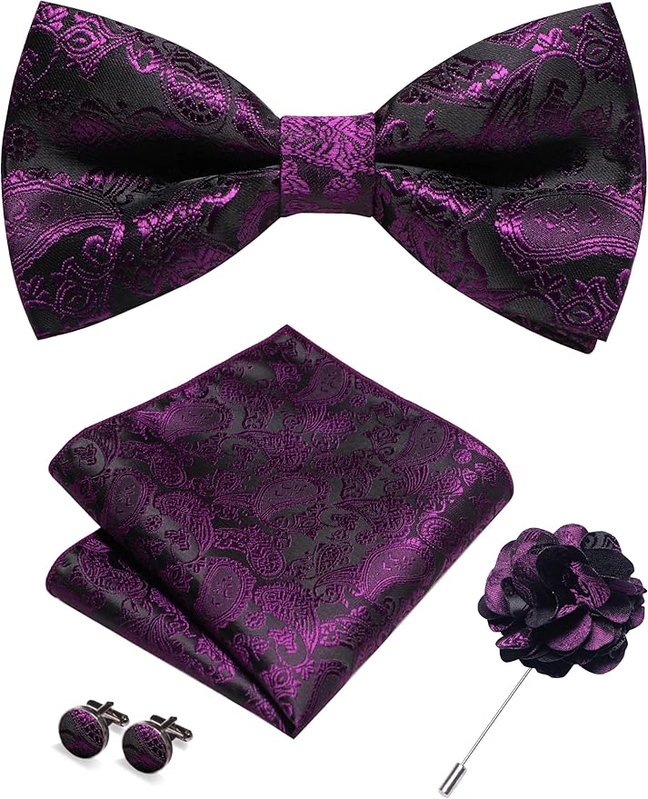 JEMYGINS Paisley Pre-tied Bow Tie and Pocket Square Cufflinks Lapel Pin Sets for Men 4PCS