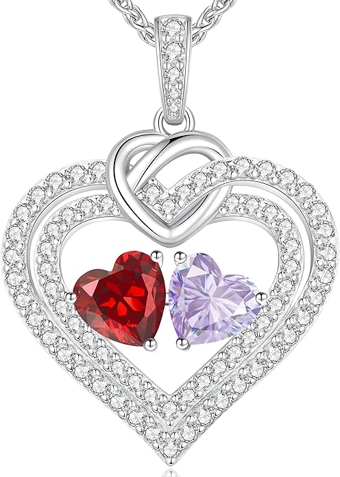 LOUISA SECRET Sparkling Double Heart Birthstone Necklaces for Women, 925 Sterling Silver Fine Jewelry, Pendant Heart Necklaces Birthday Anniversary Christmas Gift for Women Wife Mom Girlfriend Lady