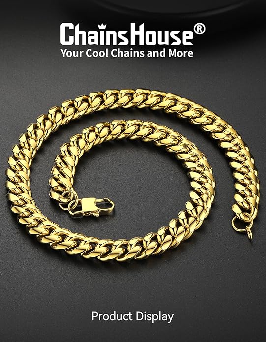 ChainsHouse Miami Cuban Link Chain Necklace for Men, 4.8mm/6mm/10mm/14mm Width, 14K Gold Plated/Stainless Steel/Black Mens Chunky Hip Hop Necklace Curb Chains, 14"-30" Length, Come Gift Box