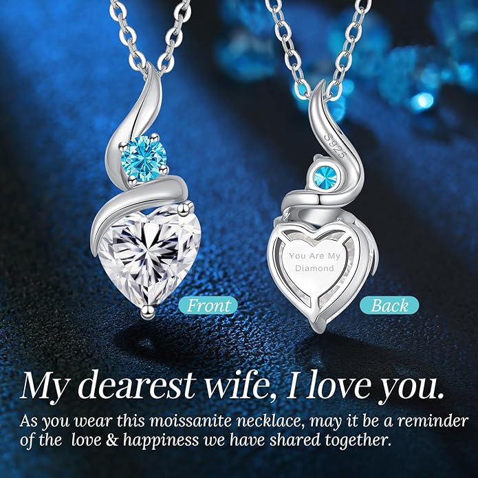 Moissanite Heart Pendant Necklaces for Women, 925 Sterling Silver Necklace with Birthstone, Ideal Anniversary Present or Birthday Christmas Valentine Mothers Day Jewelry Gifts for Mom Wife Her Girlfriend