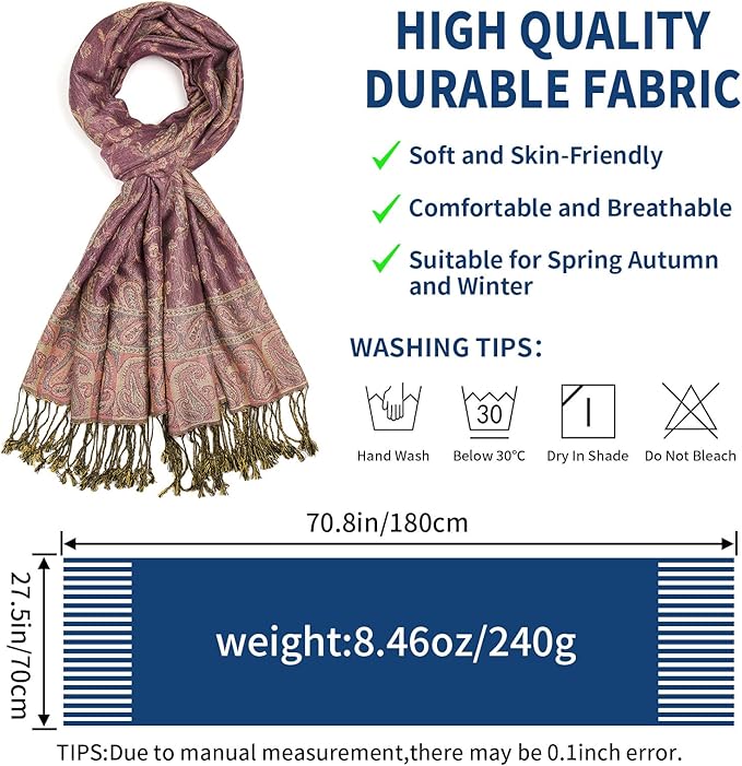 QIUTIMIY Paisley Pashmina Shawl Wrap Women Reversible Vintage Jacquard Pashmina Rave Scarf with Fringe for Evening, Wedding