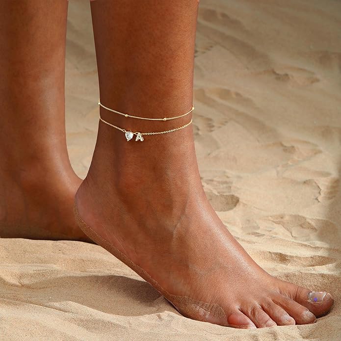 CAROVO Gold Ankle Bracelets for Women Waterproof 14K Real Gold Plated CZ Initial Anklet for Women Dainty Layered Letter A-Z Heart Ankle Bracelets Handmade Adjustable Anklet Summer Beach Jewelry