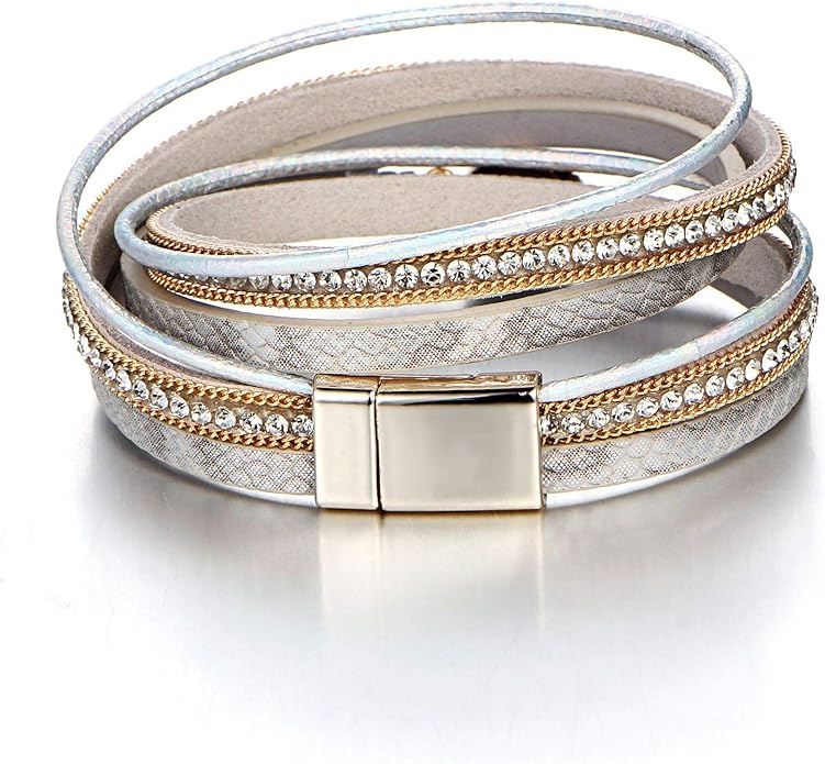 Fesciory Leather Wrap Bracelets for Women, Boho Leopard Multi-Layer Crystal Beads Cuff Bracelet Jewelry