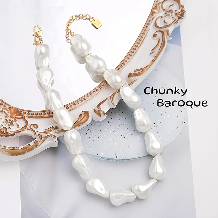 Chunky Statement Stone Beaded Necklace, Big Baroque Pearl Gold Choker, Trendy Boho Colorful Stone Jewelry