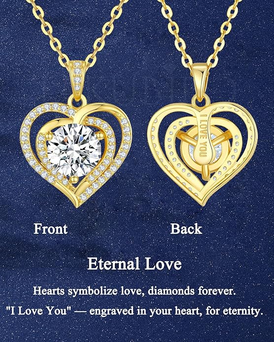Moissanite Heart Necklaces,1-2 Carat Moissanite Necklace, Pendant Necklace Engraved with 'I LOVE YOU,Wedding Gifts,Birthday Gifts for Her,Jewelry Gifts for Christmas Valentine's Day