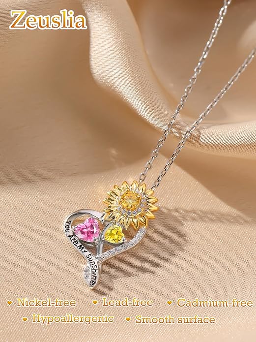 Zeuslia Double Birthstone Necklace Gifts for Wife - 925 Sterling Silver Sunflower/Rose/Crown Cross/Compass/Heart Pendant I Love You Necklace, Anniversary Birthday Gifts for Wife Girlfriend Mom Her