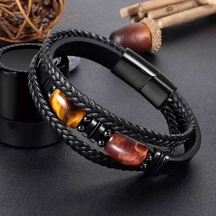 Tiger Eye Black Leather Bracelet Men Natural Tiger Eye Gemstone Crystal Stone Jewelry Handmade Courage And Stress Relief Protection Bracelet