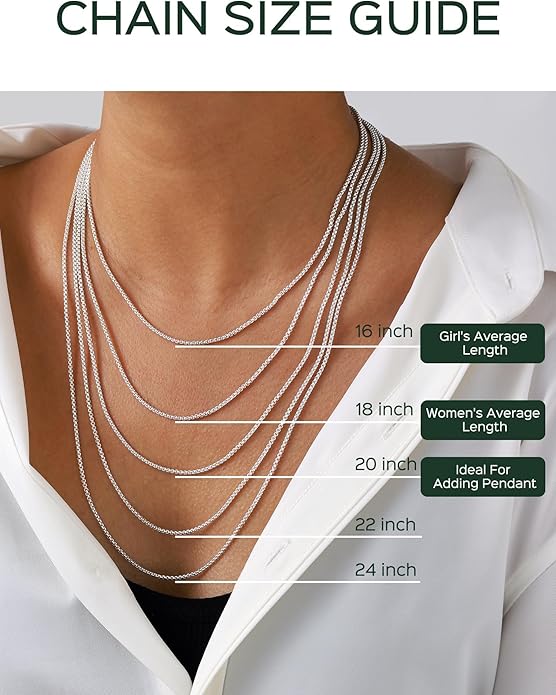 ChicSilver 925 Sterling Silver Necklace Chains Box Chain Necklace for Women Thin 1.3/1.8mm Silver Chain for Necklace - 16/18/20/22/24 Inch