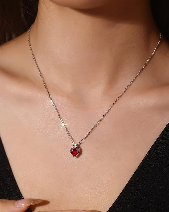 FANCIME 14K Solid White Gold Rose Pendant with Sterling Silver Chain Heart Birthstone Gemstone Fine Jewelry Christmas Gifts for Women Her