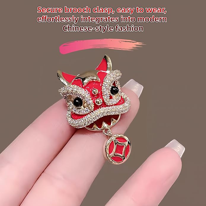 Chinese Lion Dance Brooch, Vintage Enamel Floral & Cat Eye Pearl Adjustable Lapel Pin for Women & Men – Traditional Asian Style Awakening Lion Brooch for Jacket, Blazer, Scarf, Qipao, Wedding, Festival Gift (Gold/Red/Blue)