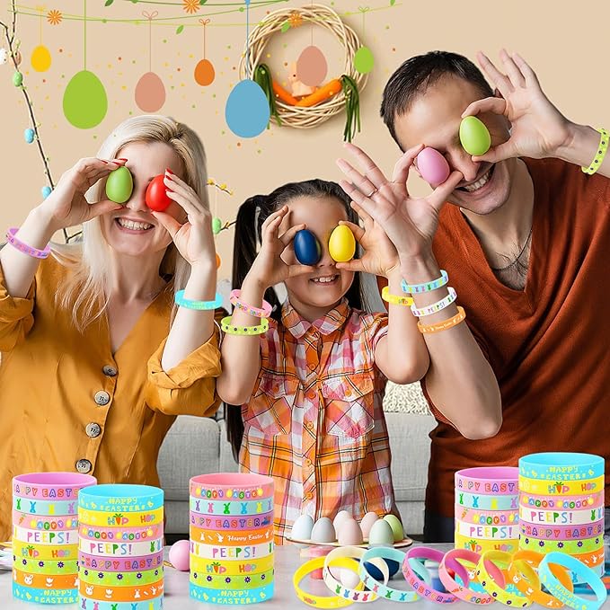 JUNEBRUSHS 64pcs Easter Party Favors Silicone Bracelets Bunny Egg Carrot Flowers Cross Rubber Wristbands for Easter Egg Fillers Gifts Basket Stuffers Accessories Party Decorations(8 Designs)