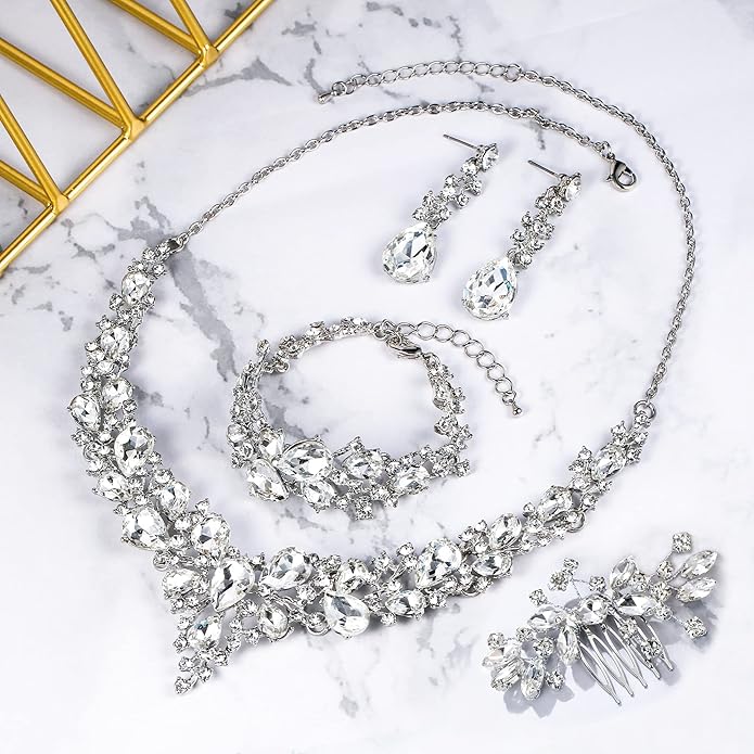 BriLove Wedding Bridal Jewelery for Women Austrian Crystal Teardrop Cluster Statement Necklace Dangle Earrings Link Bracelet Set