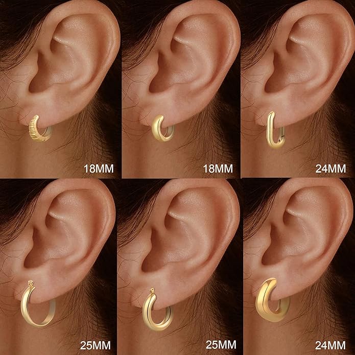 6 Pairs 14K Gold Plated Hoop Earrings for Women Trendy Chunky Lightweight Hoop Earrings Multipack Hypoallergenic, Thick Twisted Huggie Hoops Earring Set Jewelry for Gifts