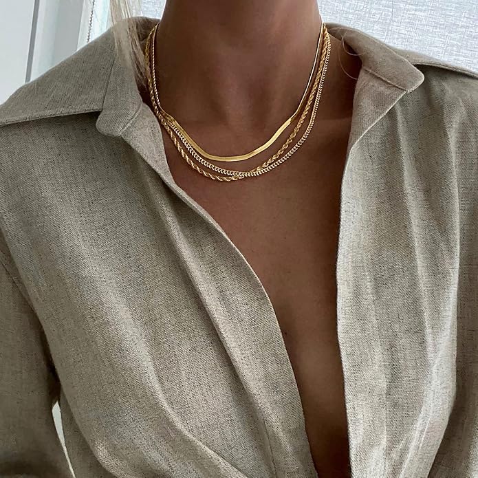 DEARMAY 14K Gold Plated Necklaces for Women, Dainty Gold Herringbone Choker Necklace Thin Layered Snake Chain Jewelry for Gifts