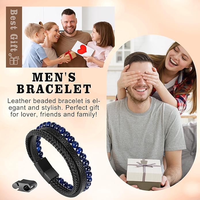 Gifts for Men - Layered Leather Beads Bracelet, Tiger Eye Lava Rock Stone Braided Leather Bracelets for Men Adjustable Magnetic Clasp Birthday Gifts
