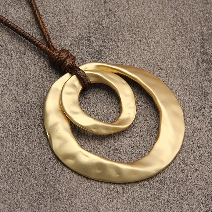 Long Boho Necklaces for Women Vintage Leather Wooden Pendant Y Choker Ethnic Style Gold Circle Hippie Sweater Necklace