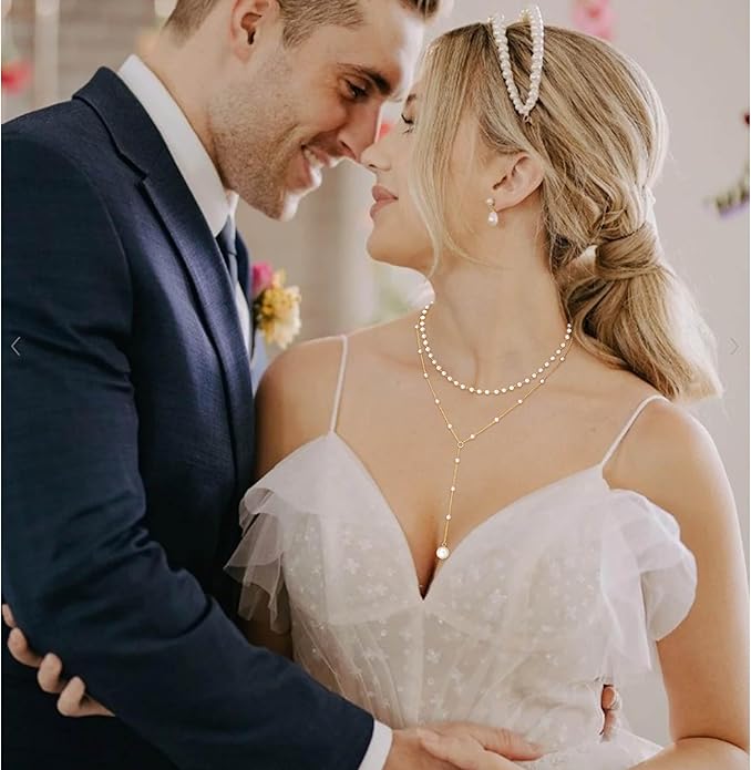 Layered Pearl Choker Necklaces for Women Gold Plated Dainty Trendy Faux Pearl Drop Pendant Y Shaped Layered Gold Necklace Wedding Bridal Jewelry