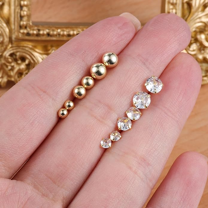Stud Earrings for Women Hypoallergenic Sterling Silver Post Hoop and Studs Earrings Set for Multiple Piercing Small Ball Cubic Zirconia Earring Studs for Women Trendy Jewelry Gifts（6 Pairs）