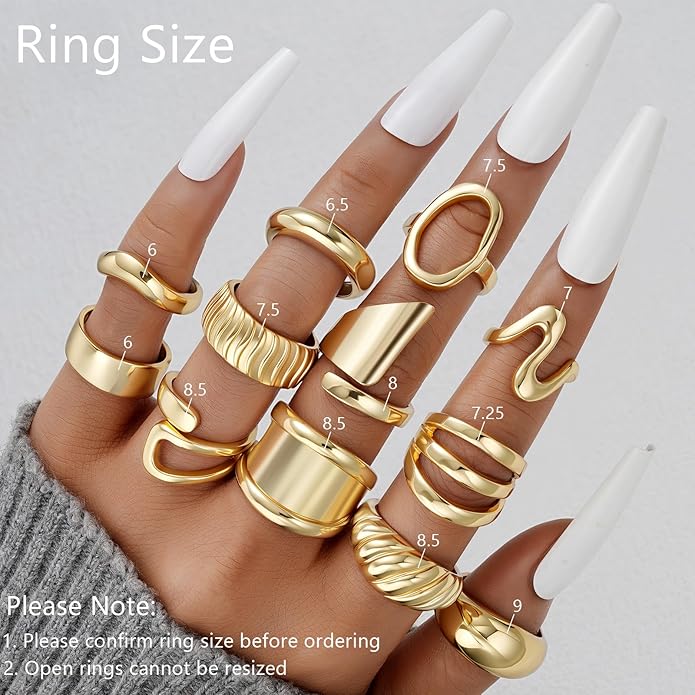 17 MILE Chunky Gold Stackable Rings for Women Non Tarnish, 18K Gold-Plated Statement Open Stacking Rings, Knuckle Band Ring Set