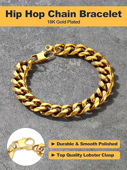 U7 Link Bracelets for Men, Cuban Link/Rope/Watch Band Solid Bracelet, Silver Black Gold Color Wrist Bracelet 3/6/9/12/15mm Width, 6.5/7.5/8.3 Inch Length, Hand Chain Jewelry for Mens Women