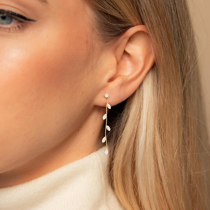 Gold Earrings for Women,Dainty 14k Gold Plated Pearl Drop Earring Dangle Pearl Dangling Earrings for Women Trendy Small Cute Wedding CZ Earring Long Chain Threader Prom Jewelry Gifts