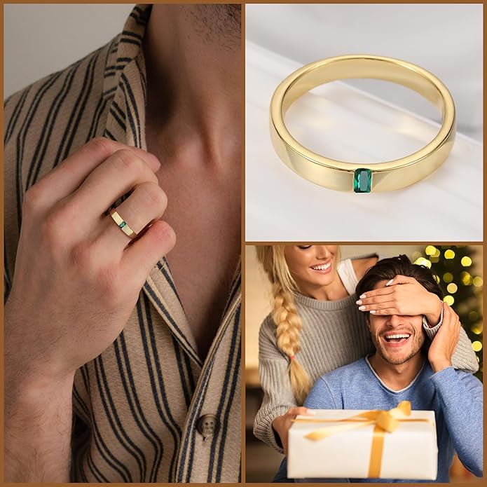 JSJOY Gold Rings that Don't Tarnish Mens Wedding Band Promise Rings Emerald Cut Engagement Ring Wedding Gifts for Newlyweds Husband Birthday Gifts for Men Him Boyfriend