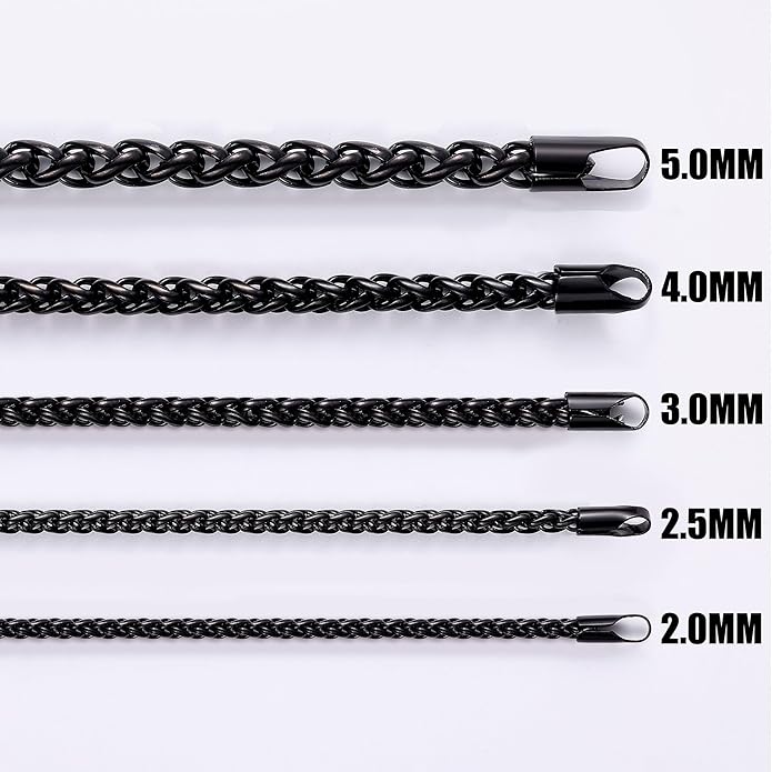 Fiusem Black Wheat Chains for Men and Women, 2/2.5/3/4/5mm Stainless Steel Necklace Chain, Mens Necklace Jewelry Gift 16-28 Inch