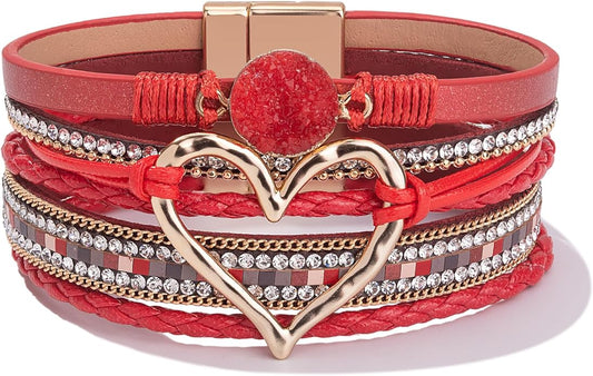 FANCY SHINY Heart Leather Wrap Bracelets Stackable Boho Cuff Bangles Trendy Resin Stone Rhinestone Bracelets with Magnetic Clasp for Women