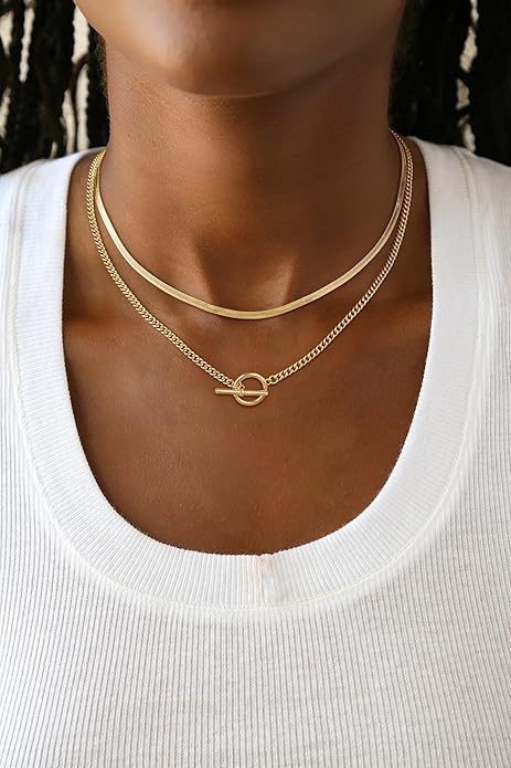 CHESKY 14K Gold Plated Layered Herringbone Necklaces for Women, Trendy Paperclip Snake Chain Necklace Cuban Link Simple Chunky Toggle Clasp Necklace Set Fashion Jewelry