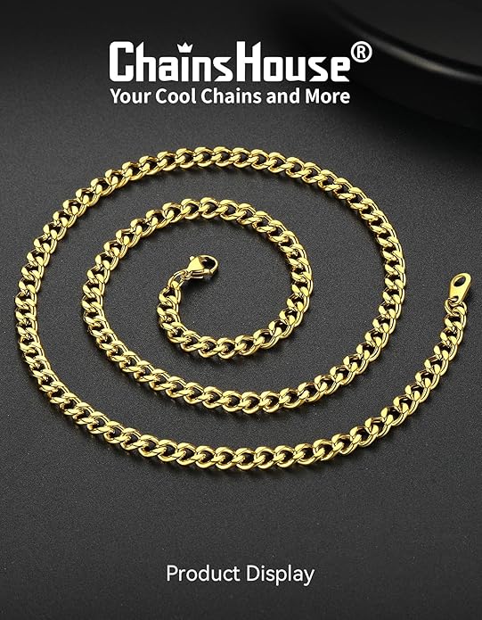 ChainsHouse Miami Cuban Link Chain Necklace for Men, 4.8mm/6mm/10mm/14mm Width, 14K Gold Plated/Stainless Steel/Black Mens Chunky Hip Hop Necklace Curb Chains, 14"-30" Length, Come Gift Box