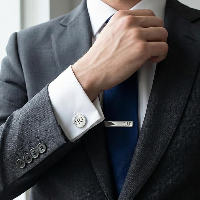 Custom Cuff Links & Personalized Tie Clip Gift Set for Men • Engraved Monogram, Date, Handwriting, Crest, Logo • Father's Day Gift for Dad • Gold, Silver, Black