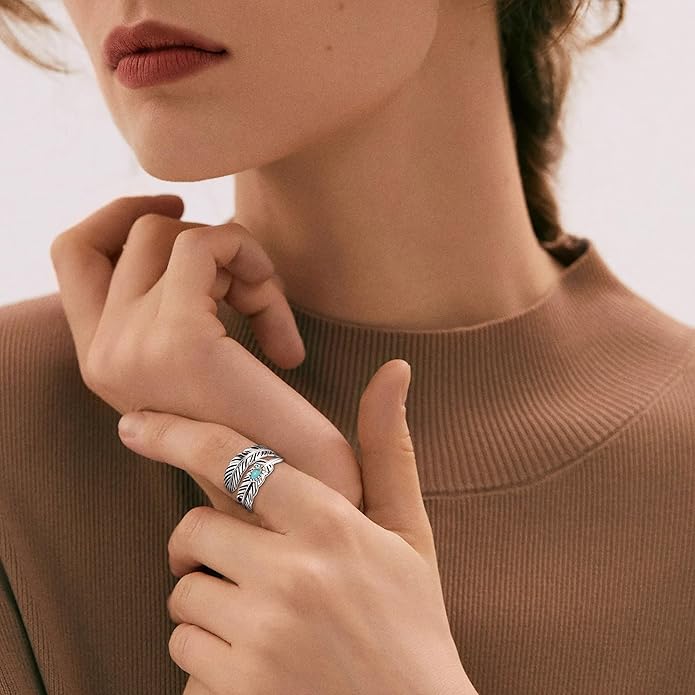 Sterling Silver Feather Ring with Black Onyx & Turquoise - Adjustable Stacking Vintage Statement Ring for Women & Men